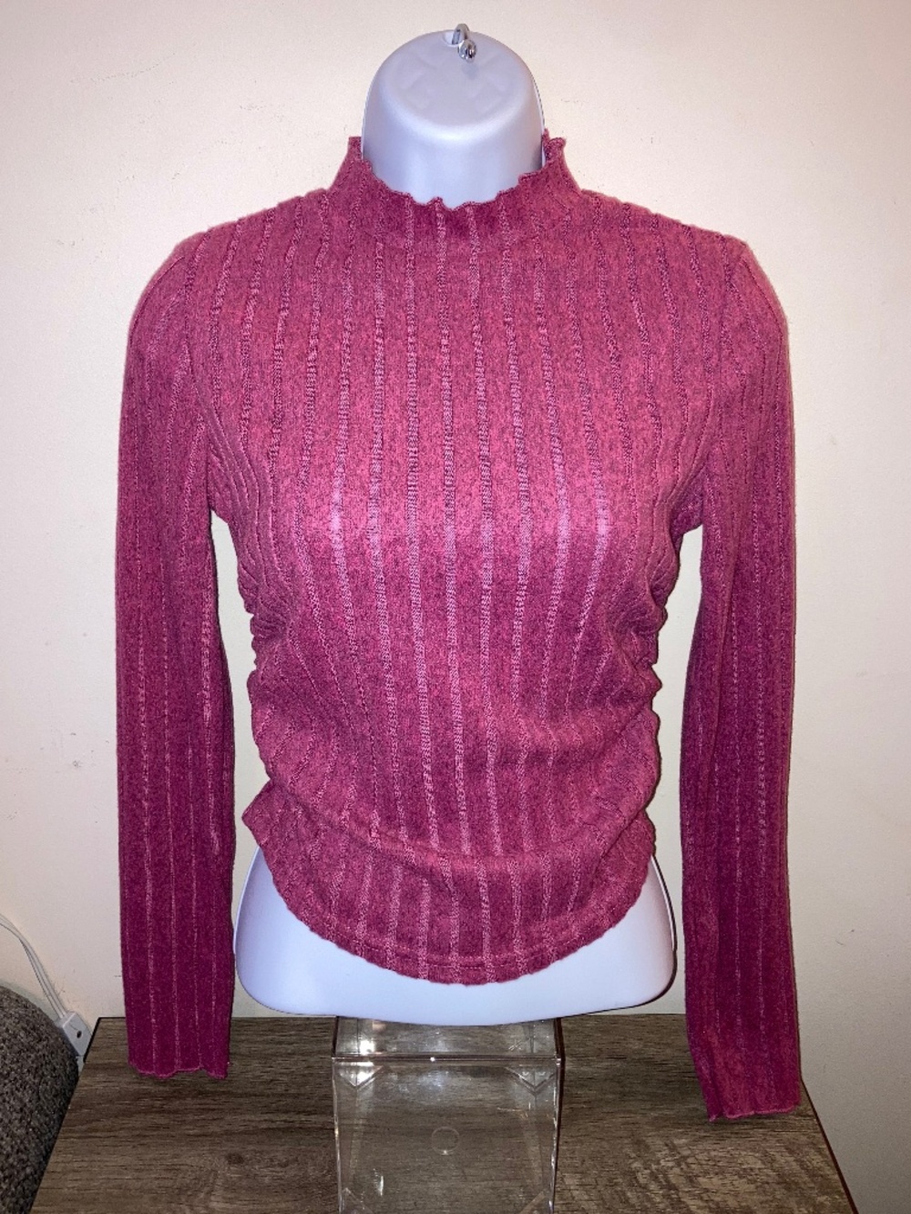 Women's Long Sleeve Ribbed Pink Top - Size: Small